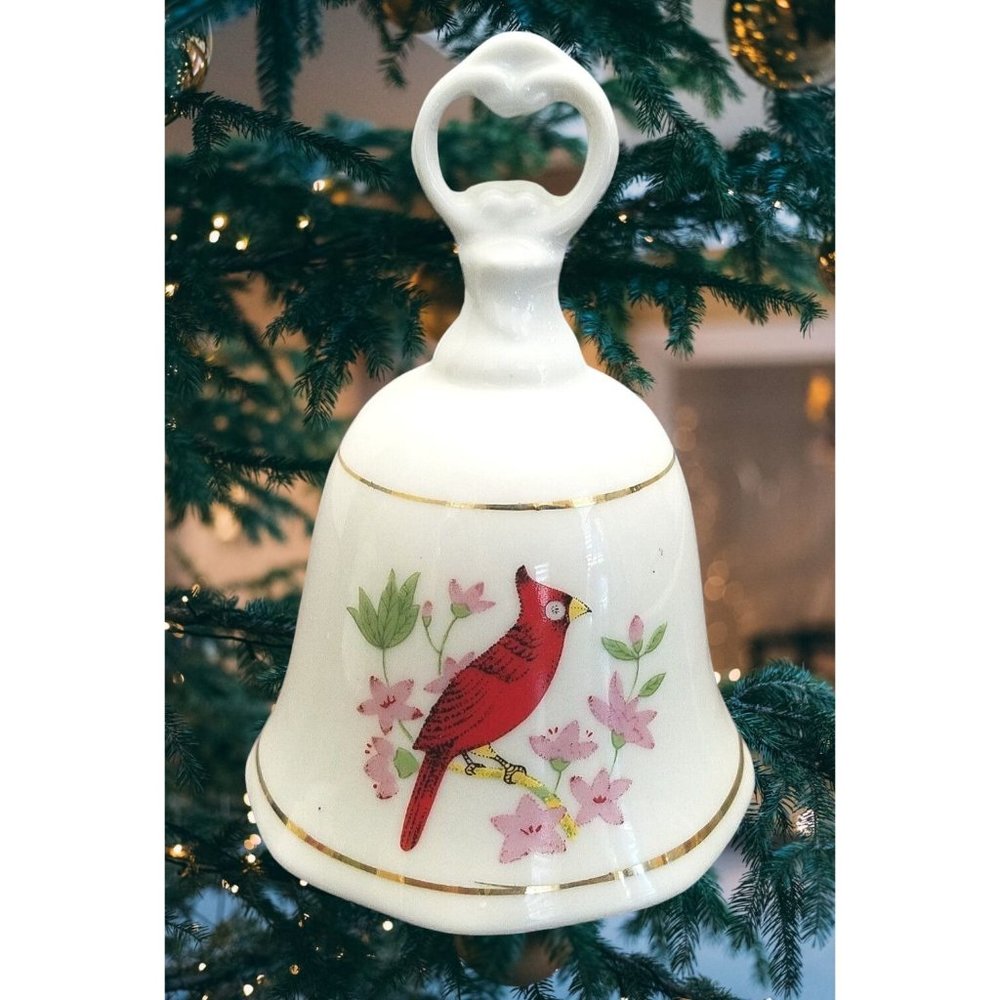 Vtg Red Bird Dinner Bell Cardinal Christmas Porcelain Pink Flowers